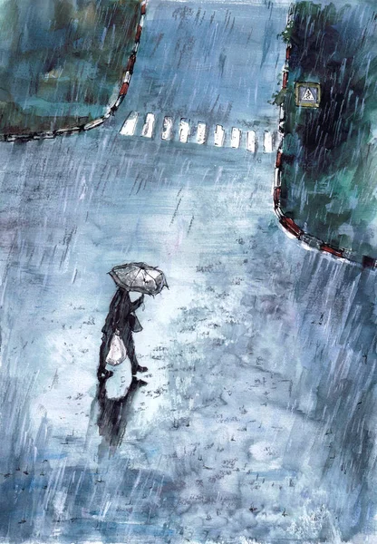 Серія Міського Пейзажу Малюнок Акварелі Перехрестя Дощову Погоду — стокове фото