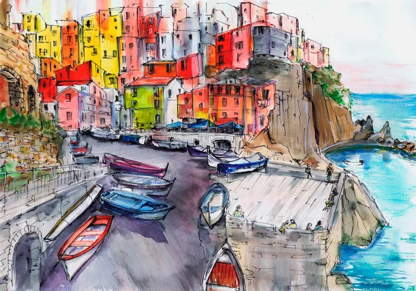 Серия Городских Пейзажей Город Берегу Средиземного Моря Cinque Terre Лодки — стоковое фото