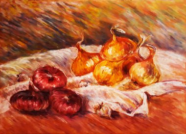 İzlenimcilik tablosu. Sarımsaklı ampuller. Eski sanatçıların tarzında soğan ve sarımsak yağı pastel..