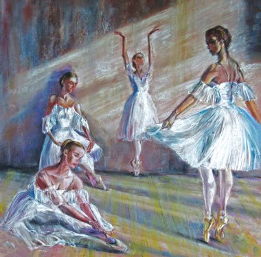 Pastel boya. Balerinler gösteri için hazırlanıyorlar. Dans pistinde dansçılar. 