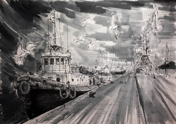 Ink drawing. A tug in the port, seagulls over the pier.