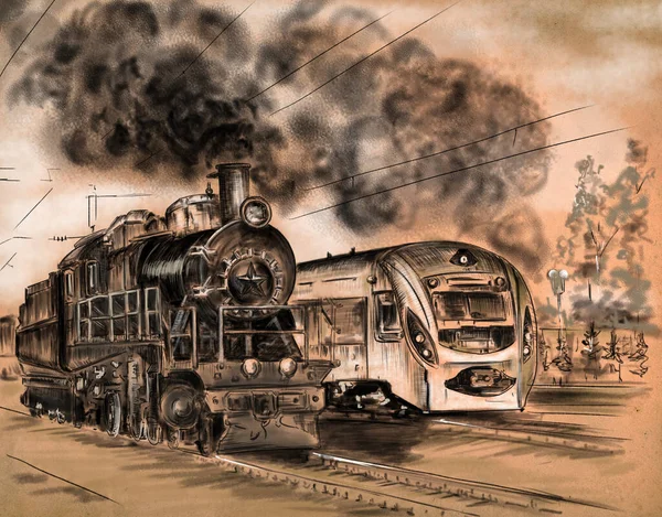Een Oude Stoomlocomotief Een Moderne Locomotief — Stockfoto