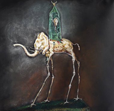 Salvador Dali mücevherleri. S. Dali, K. Alemani, Uzay Fili, altın, doğal zümrütler, yakutlar, elmaslar, bir filin arkasında. Parlak bir su kristali.