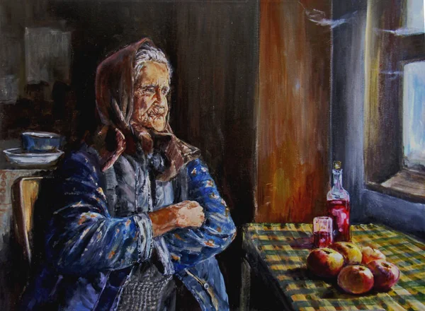 An old woman from Eastern Europe looks through a window in an old house. On the table is a rowan moonshine and apples. Painting on canvas acrylic and oil.