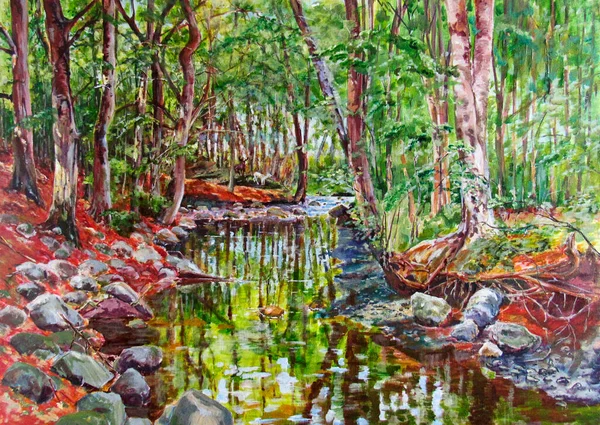 Veados Floresta Junto Rio Óleo Pintura Acrílica Sobre Tela — Fotografia de Stock