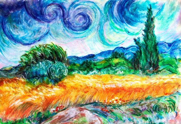 Series Landscapes Painting Oil Pastel Imitation Old Artists Wheat Field — Stock Photo, Image