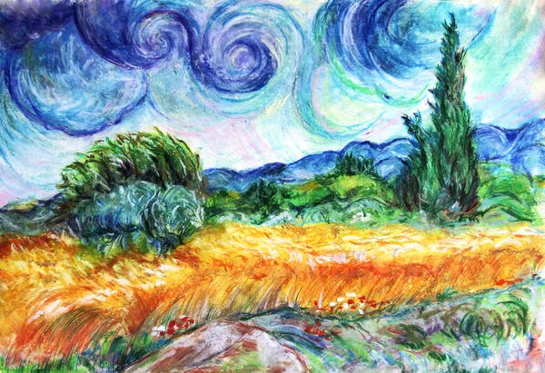 Series of landscapes. Painting oil pastel, in imitation of the old artists. Wheat field in France.  Wheat field with cypress.