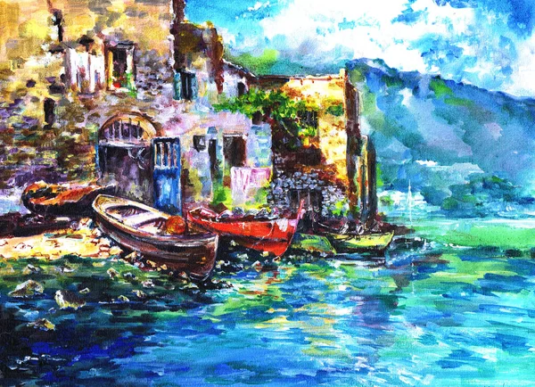 Painting. Fishing boats on the shores of the Mediterranean. Summer. Italy.