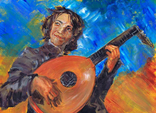 Bir dizi müzik aleti. Lavta, boynunda perdeler ve oval bir vücudu olan telli bir müzik aleti. Ozan lavta çalıyor..