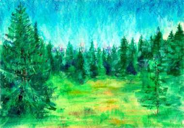 Yazın ladin ormanı. Ormanın önündeki güneşli kenar. Yağlı boya boya.