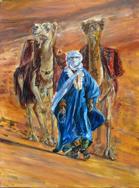 Oil painting. A Bedouin in festive clothes walks through the desert with camels.