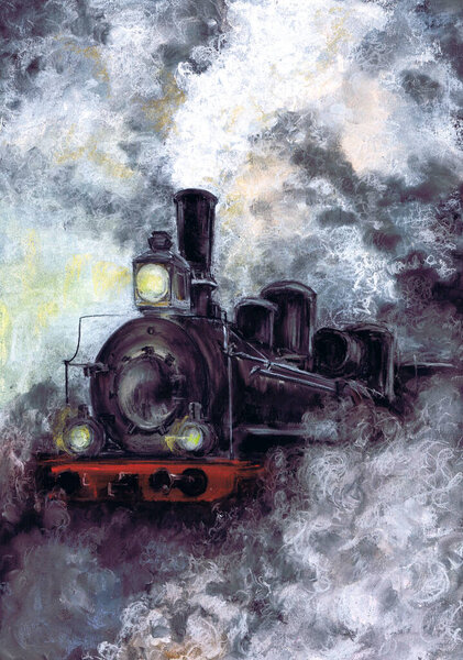 Pastel graphics. Steam locomotive at night.