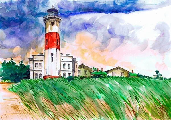 Farol Dia Verão Desenho Aquarela — Fotografia de Stock