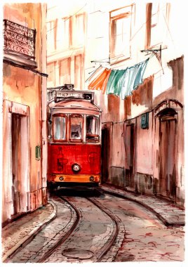 Lisbon Caddesi 'ndeki tramvay. Dar bir sokakta kuru giysiler..