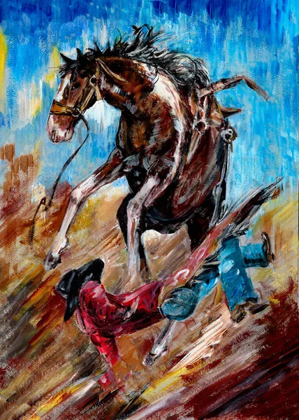 Pittura Olio Rodeo Caduta Cowboy — Foto Stock