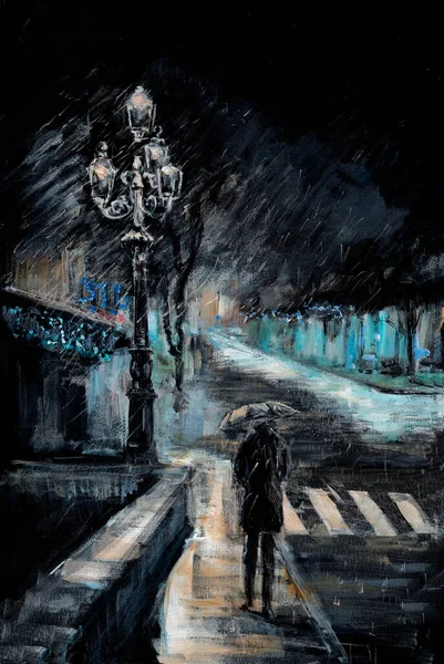 Дощ Восени Вулиці Ліхтар Вночі Картина Маслом — стокове фото