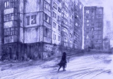 Kalem çizimi. Şehrin varoşlarında güçlü bir kış akşamında esen rüzgar..