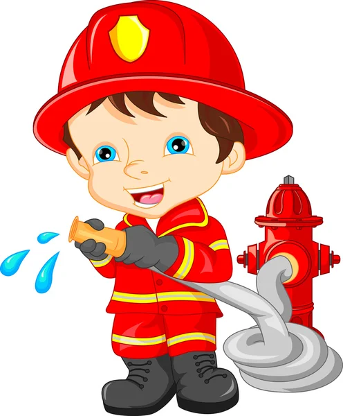Mladý chlapec nosí hasič kreslený — Stockový vektor