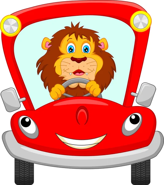 León en coche rojo — Vector de stock