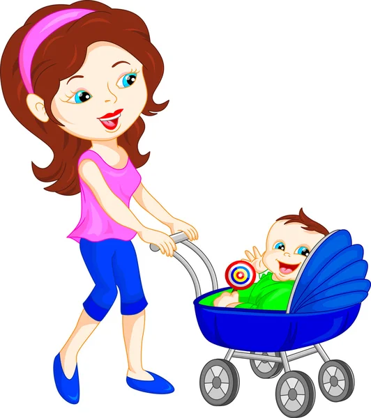 Young mother with baby in stroller — Stock Vector