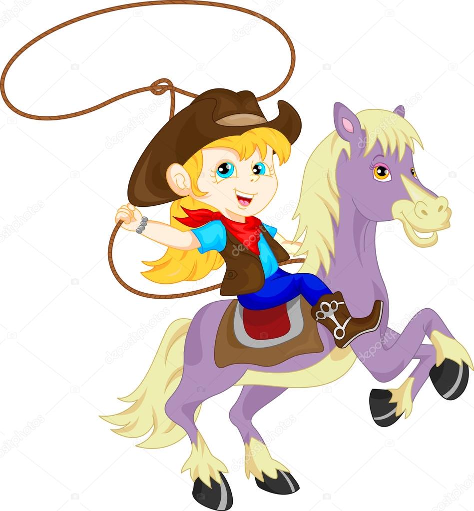 cute Cowgirl rider on the horse throwing lasso