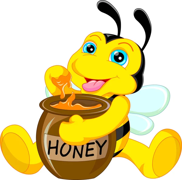 Divertida abeja de dibujos animados con miel — Vector de stock