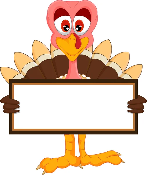 Cute turkey cartoon with blank sign — Stock Vector