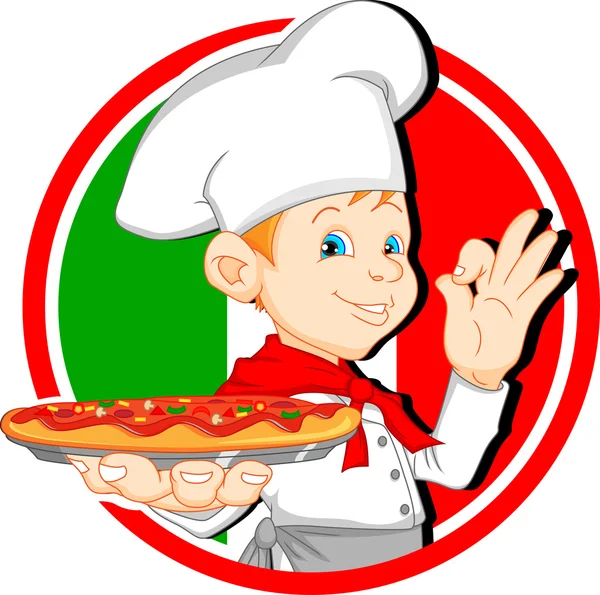 Fiú chef rajzfilm gazdaság pizza — Stock Vector