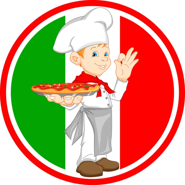 Pojke kock cartoon anläggning pizza — Stock vektor
