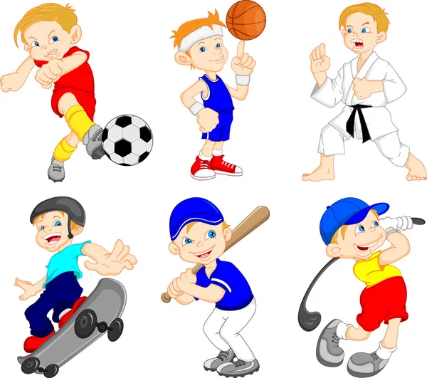 Funny boy cartoon character doing sport — Stock Vector