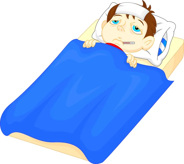 Kranker Junge im Bett mit Fiebersymptomen und Thermometer im Mund — Stockvektor