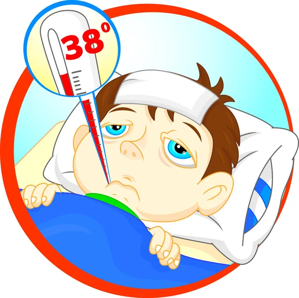Sick boy v posteli s příznaky horečky a teploměr v ústech — Stockový vektor