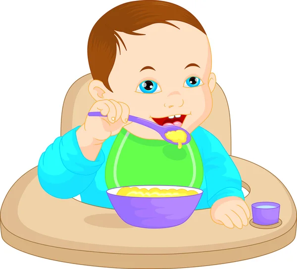 Baby boy eating baby food — Stock Vector