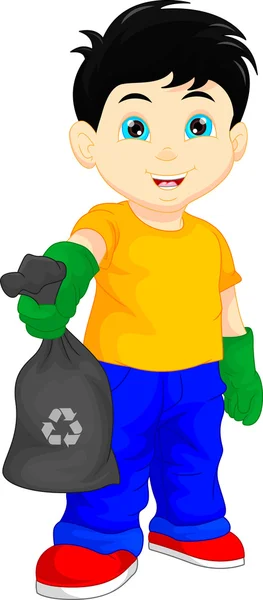 Cute boy holding garbage bag — Stock Vector