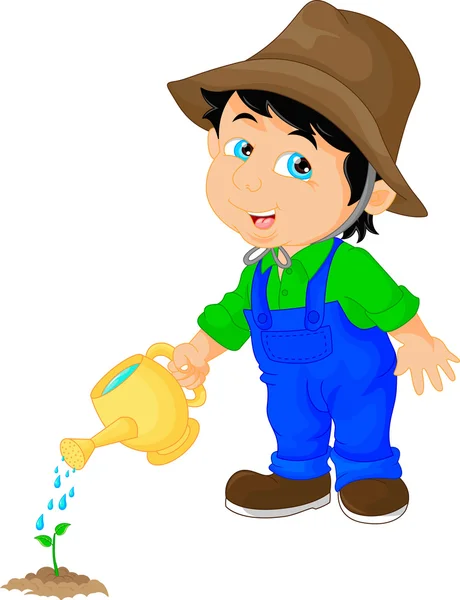 Cute boy watering a plant — Stock Vector