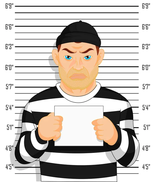 Foto criminale Catturato criminale si trova accanto al muro con il numero in mano — Vettoriale Stock