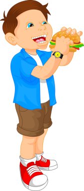 Çocuk gülümsüyor ve büyük bir hamburger yemeye hazır.