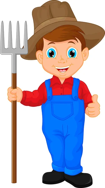 Cartoon young farmer holding rake — Stock Vector