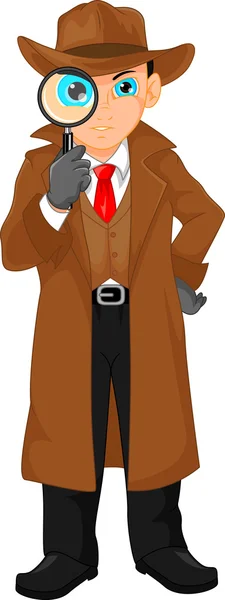 Boy detective looking through magnifying glass — Stock Vector