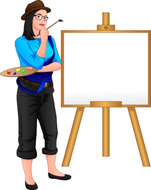 Ressam kız tuvalin önünde poz veriyor.