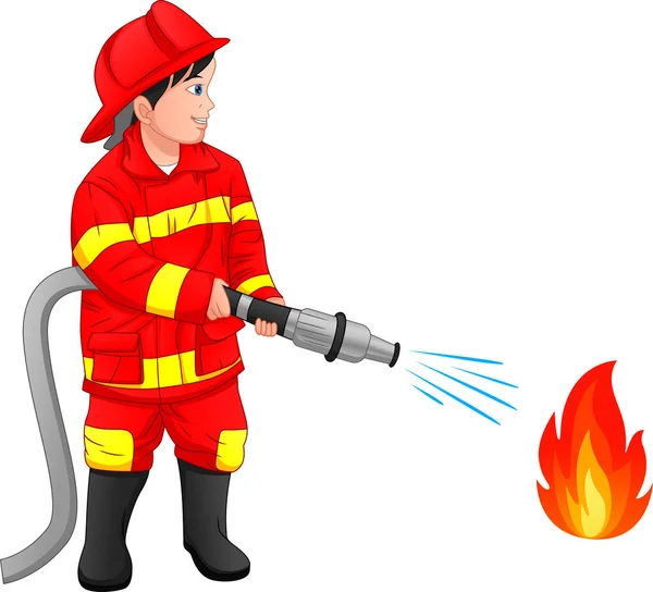 Пожарный Парень Тушит Пожар — стоковый вектор