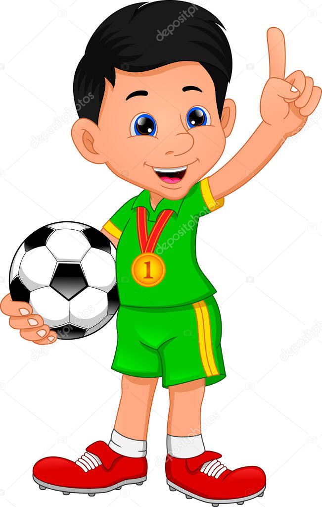 boy playing football. Boy holds ball and champions