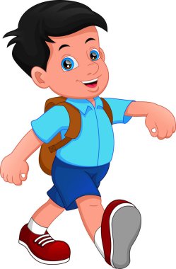 Çizgi filmci çocuk beyaz arka planda okula gidiyor.