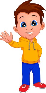 Beyaz arka planda izole bir şekilde el sallayan sevimli çocuk