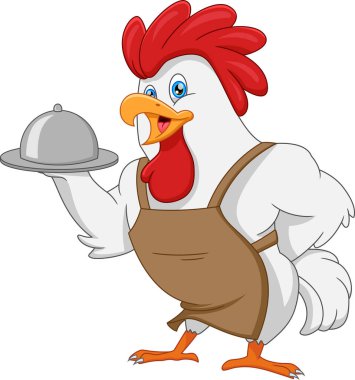 Çizgi film şefi tavuk yemek tepsisi taşıyor.