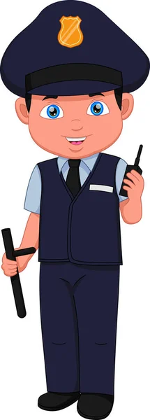 Cartoon Boy Wearing Police Costume Posing Talking Radio — Stock Vector