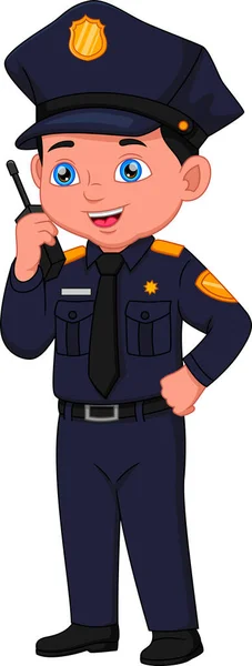 Kreslený Chlapec Policejním Kostýmu Pózování Mluvení Rádiu — Stockový vektor