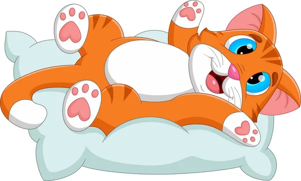 Süße Katze Cartoon Spielt Auf Kissen — Stockvektor