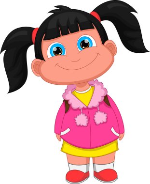 Tatlı çizgi film kızı pozu ve gülümsemesi.