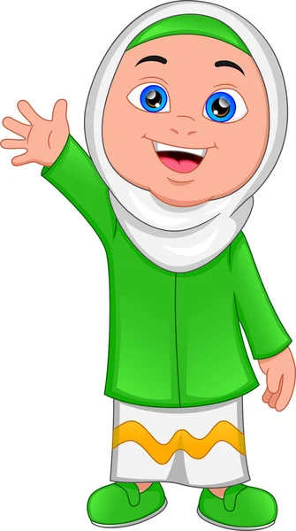 Feliz Menina Muçulmana Desenhos Animados Acenando —  Vetores de Stock